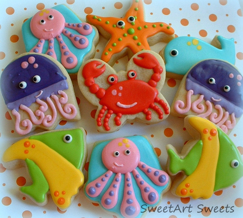 Sea-Life Animals Ocean Nautical Themed Birthday Party Sugar Cookies TheIcedSugarCookie.com SweetArt Sweets