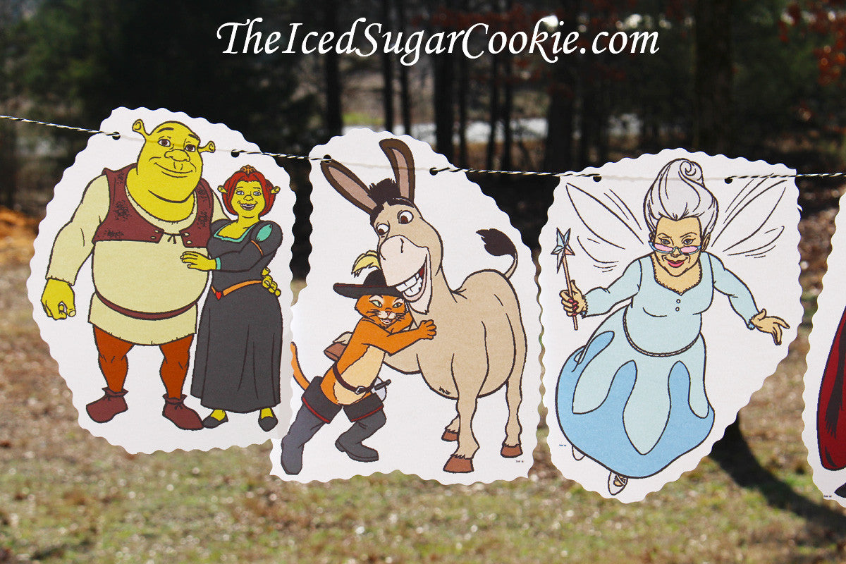 Shrek Birthday Party DIY Banner Idea-Princess Fiona, Donkey, Fairy Godmother, Lord Farquaad, Gingerbread Man, Puss In Boots