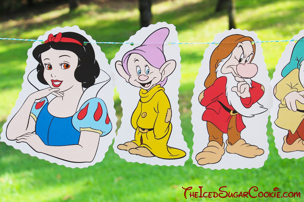 Snow White And The Seven Dwarfs DIY Birthday Party Flag Hanging Banner Ideas- Dopey, Grumpy, Sleepy, Doc, Sneezy, Bashful, Happy