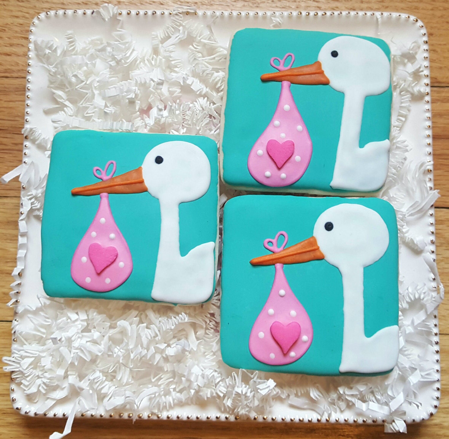 Elegant Stork Baby Shower Sugar Cookies TheIcedSugarCookie.com Baked Lovely