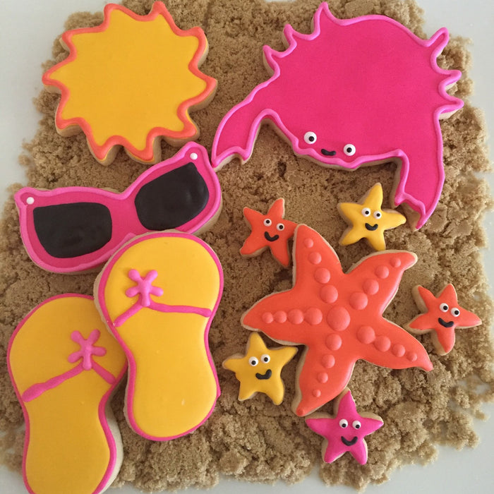 Summer Fun N' Sun Sugar Cookies-Crabs, Sunglasses, Starfish, Flip Flops, Sun TheIcedSugarCookie.com Savanna Sweets