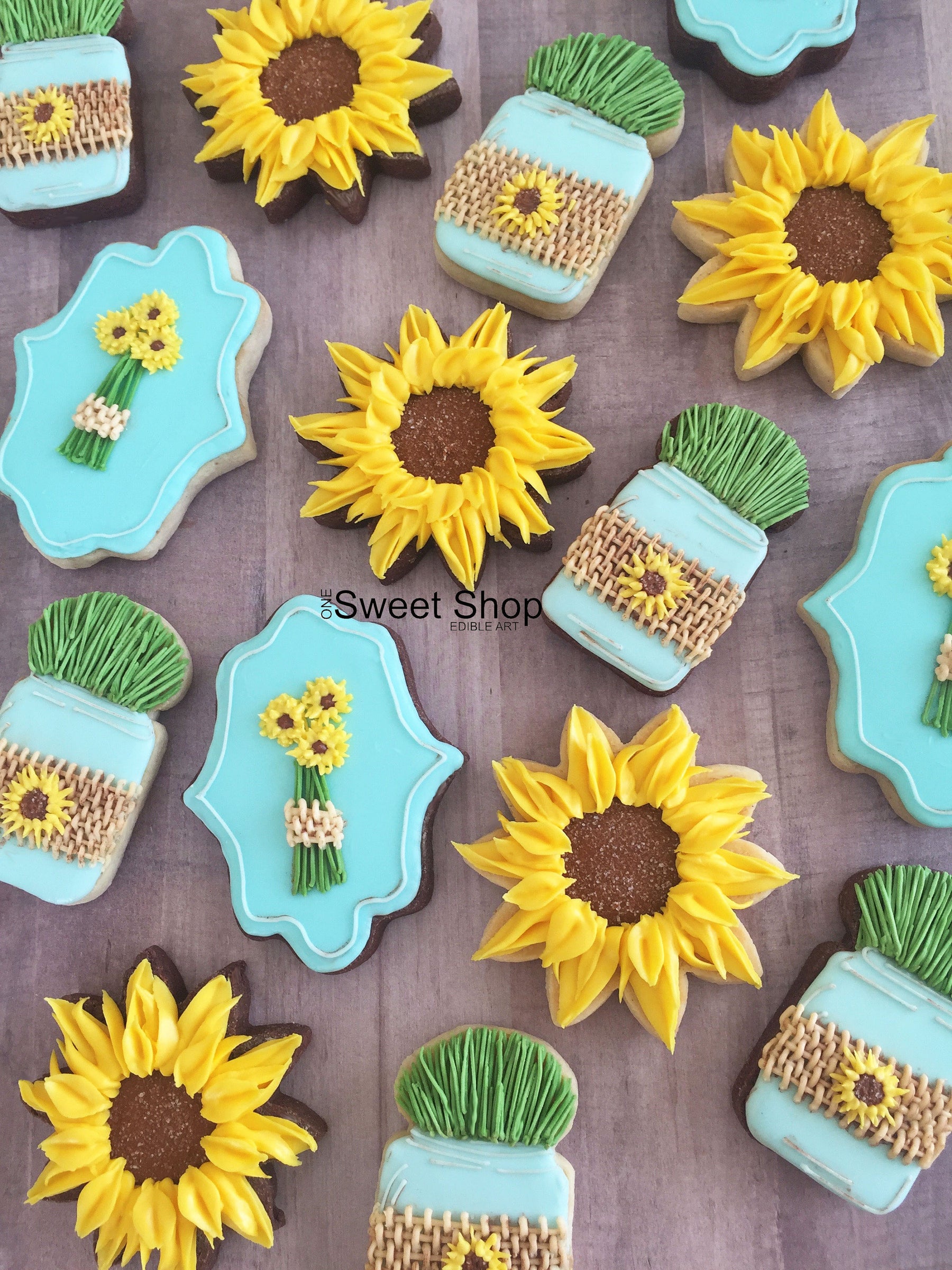 Sunflowers And Mason Jar Sugar Cookies TheIcedSugarCookie.com One Sweet Shop Cookies