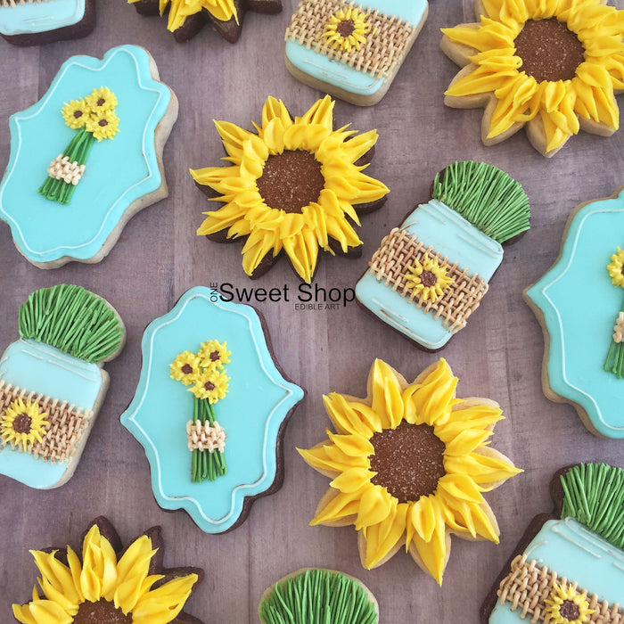 Sunflowers And Mason Jar Sugar Cookies TheIcedSugarCookie.com One Sweet Shop Cookies