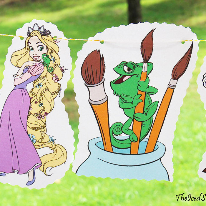 DIY Tangled Birthday Party Rapunzel Flag Hanging Banner Ideas- Pascal Lizard, Flynn Rider, Maximus Horse, Mother Gothel