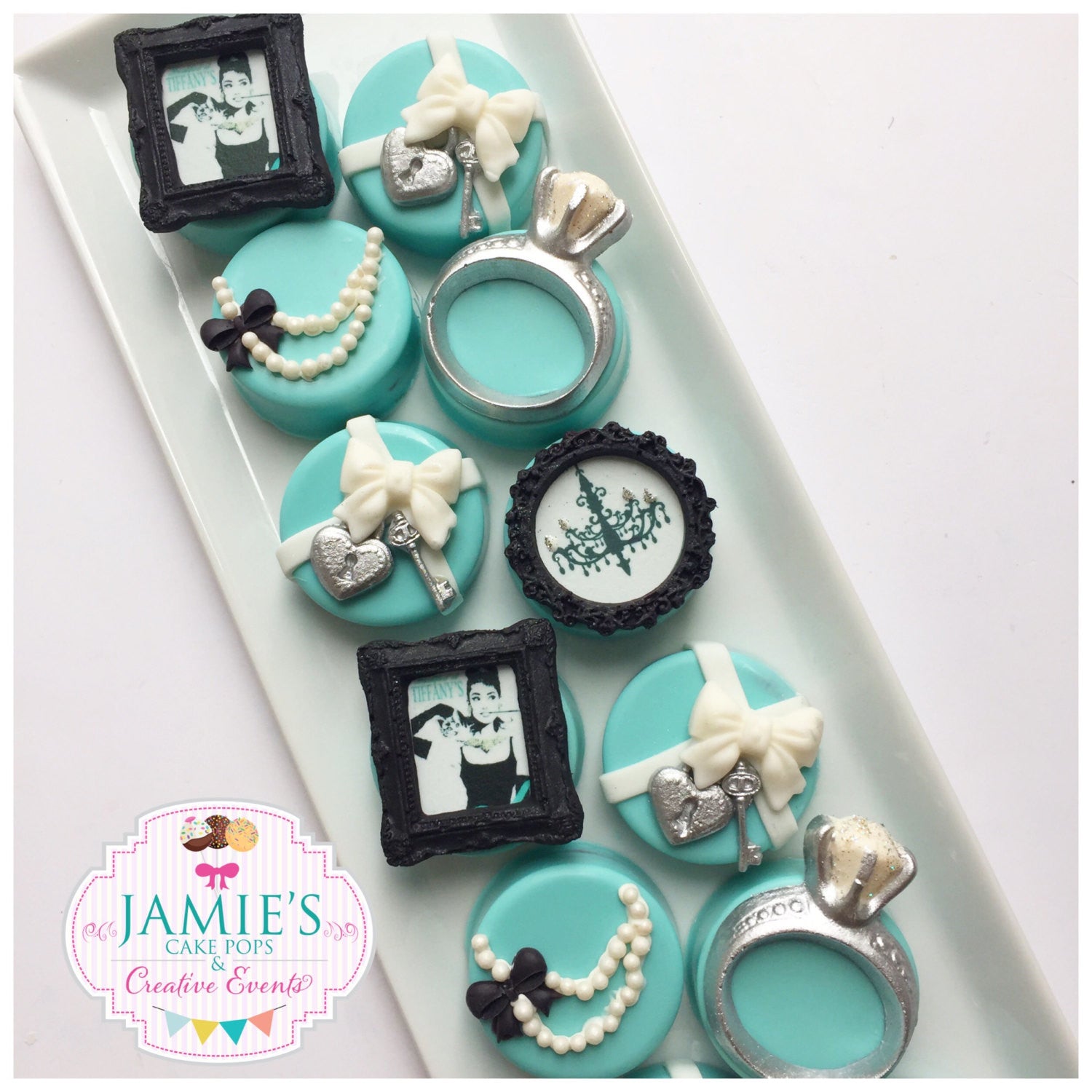 Tiffany Inspired Birthday Party Chocolate Covered Oreos TheIcedSugarCookie.com Jamie's Cake Pops And Creative Events