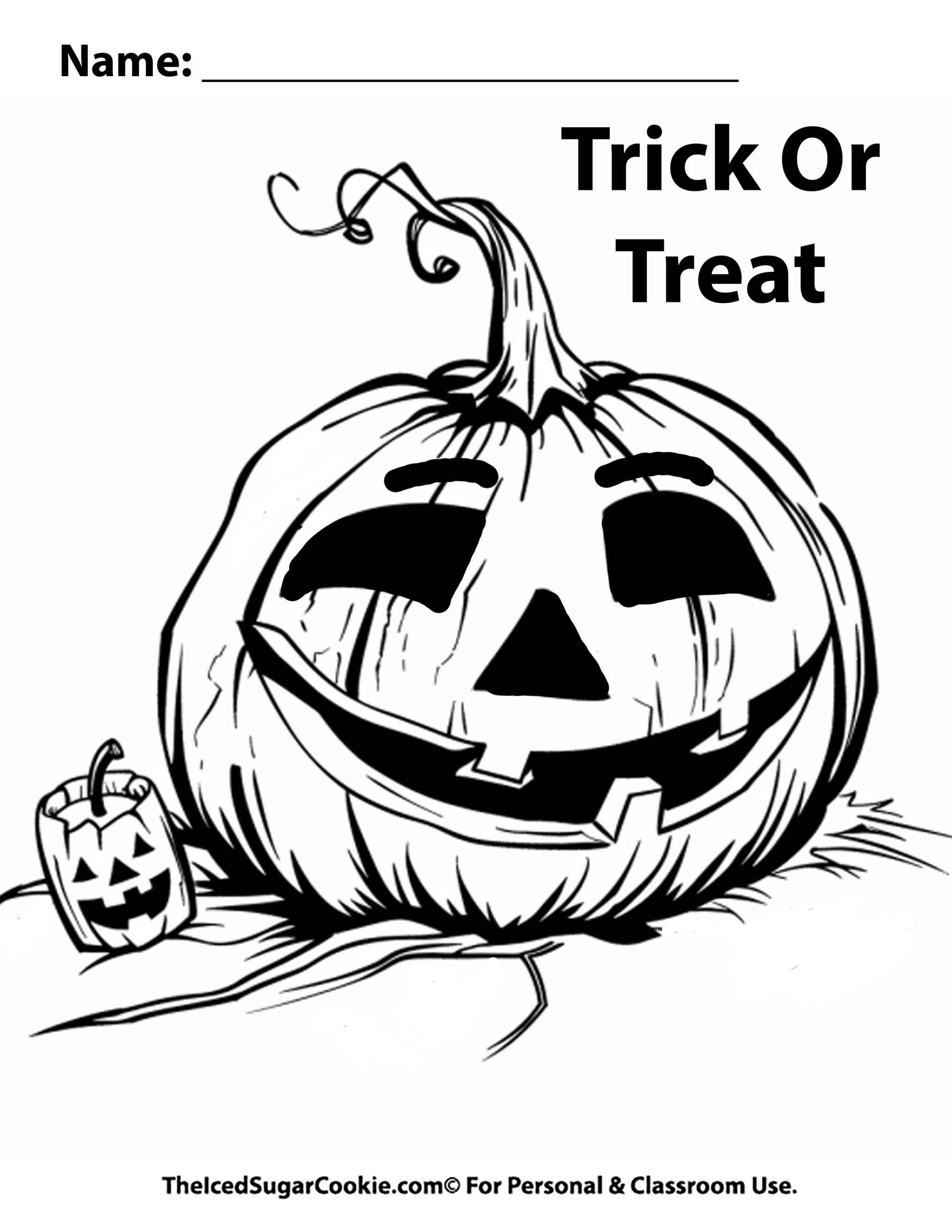 Trick Or Treat Pumpkin Coloring Page by TheIcedSugarCookie.com