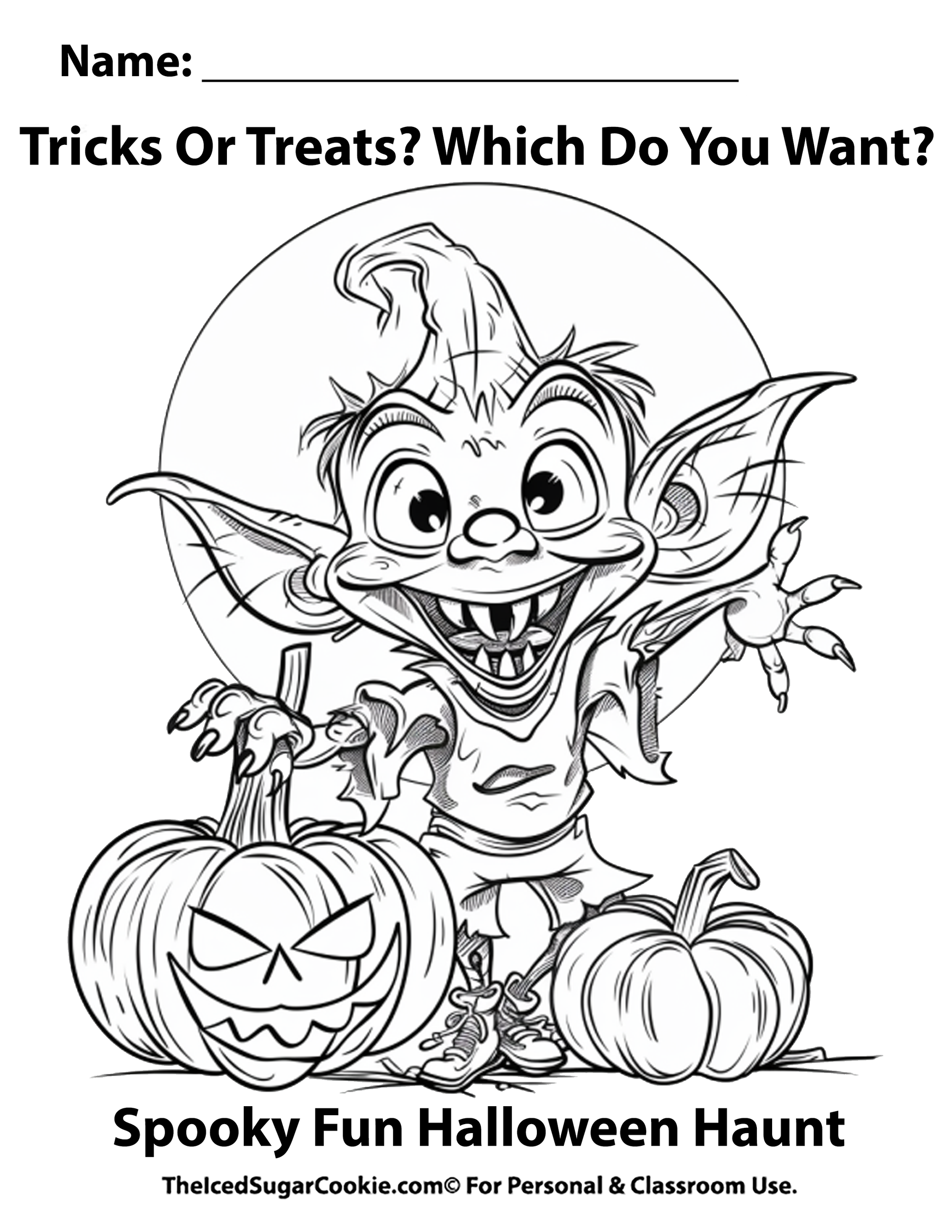 Tricks Or Treats? Which Do You Want? Spooky Fun Halloween Haunt Free Coloring Page by TheIcedSugarCookie.com