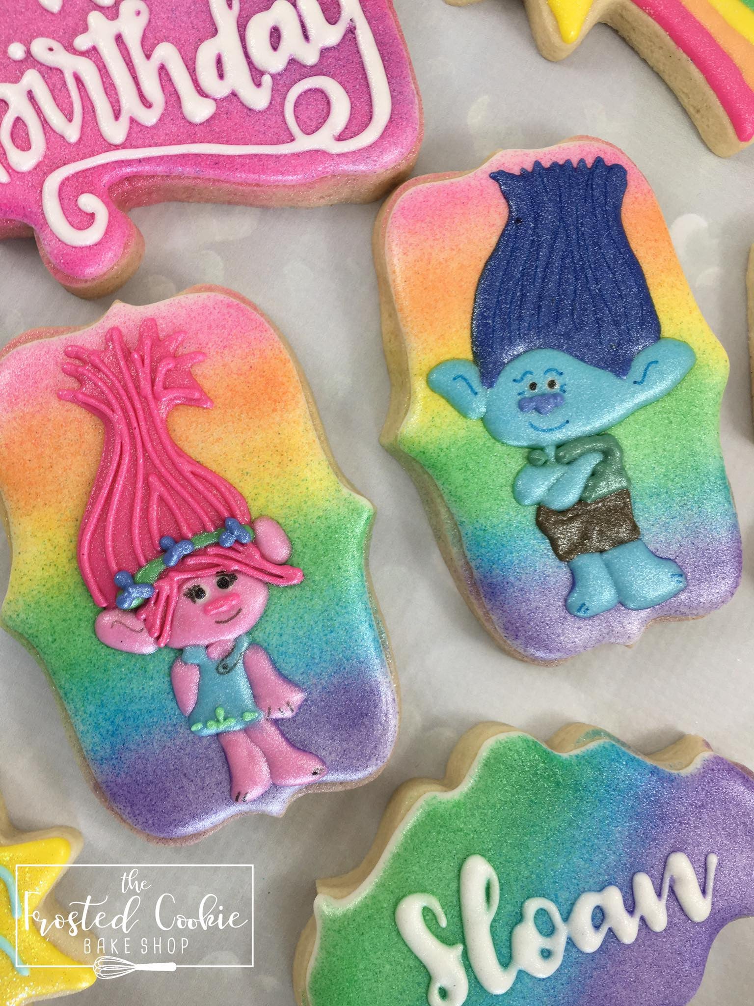 Rainbow Colored Trolls Birthday Party Sugar Cookies TheIcedSugarCookie.com The Frosted Cookie Bake Shop