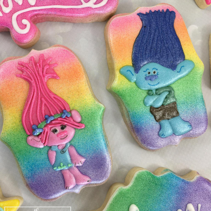 Rainbow Colored Trolls Birthday Party Sugar Cookies TheIcedSugarCookie.com The Frosted Cookie Bake Shop