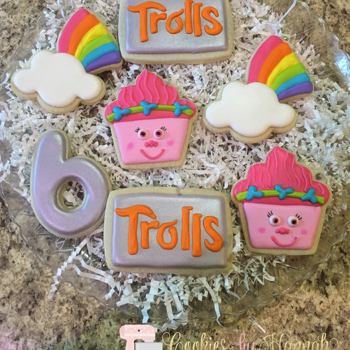 Colorful Trolls Birthday Party Sugar Cookies TheIcedSugarCookie.com Cookies By Hannah