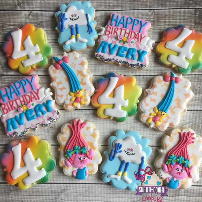 Kaleidoscopic Trolls Birthday Party Sugar Cookies
