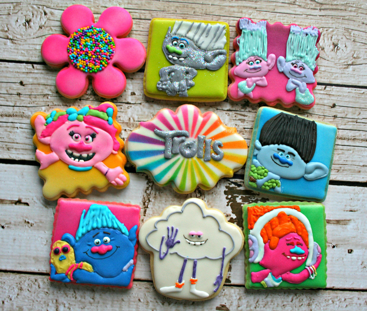 Trolls Birthday Party Sugar Cookies-Poppy, Branch, Guy Diamond, Cloud Guy, Biggie & Mr. Dinkles, Satin & Chenille, DJ Suki TheIcedSugarCookie.com MaMiMor Cookies