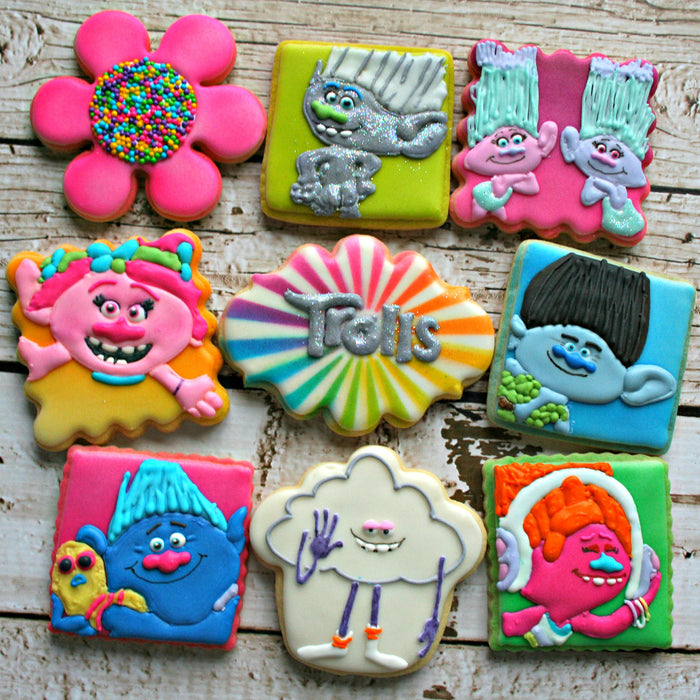 Trolls Birthday Party Sugar Cookies-Poppy, Branch, Guy Diamond, Cloud Guy, Biggie & Mr. Dinkles, Satin & Chenille, DJ Suki TheIcedSugarCookie.com MaMiMor Cookies