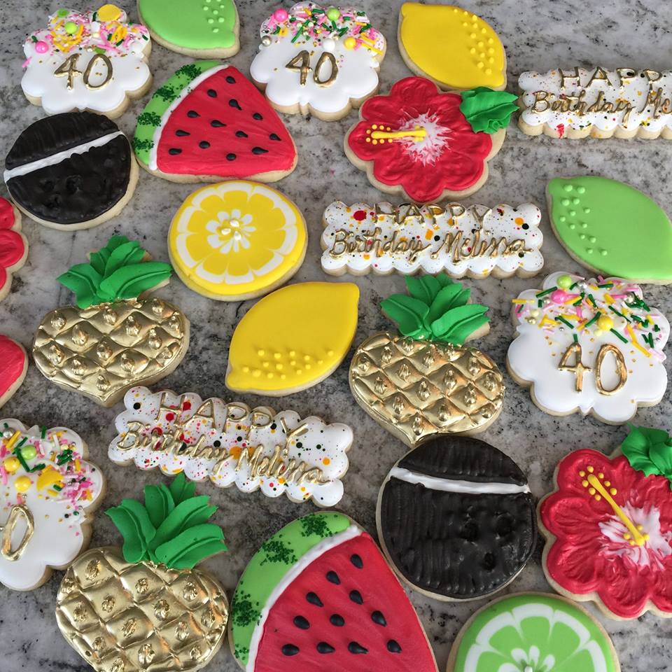 Tropical Summer Birthday Party Iced Sugar Cookies by Frosted Sweet Peas was featured on TheIcedSugarCookie.com #cookies #sugarcookies #decoratedcookies