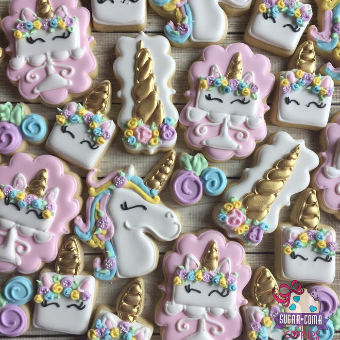 Pink And Gold Unicorn Birthday Party Sugar Cookies TheIcedSugarCookie.com Sugar Coma Cookies