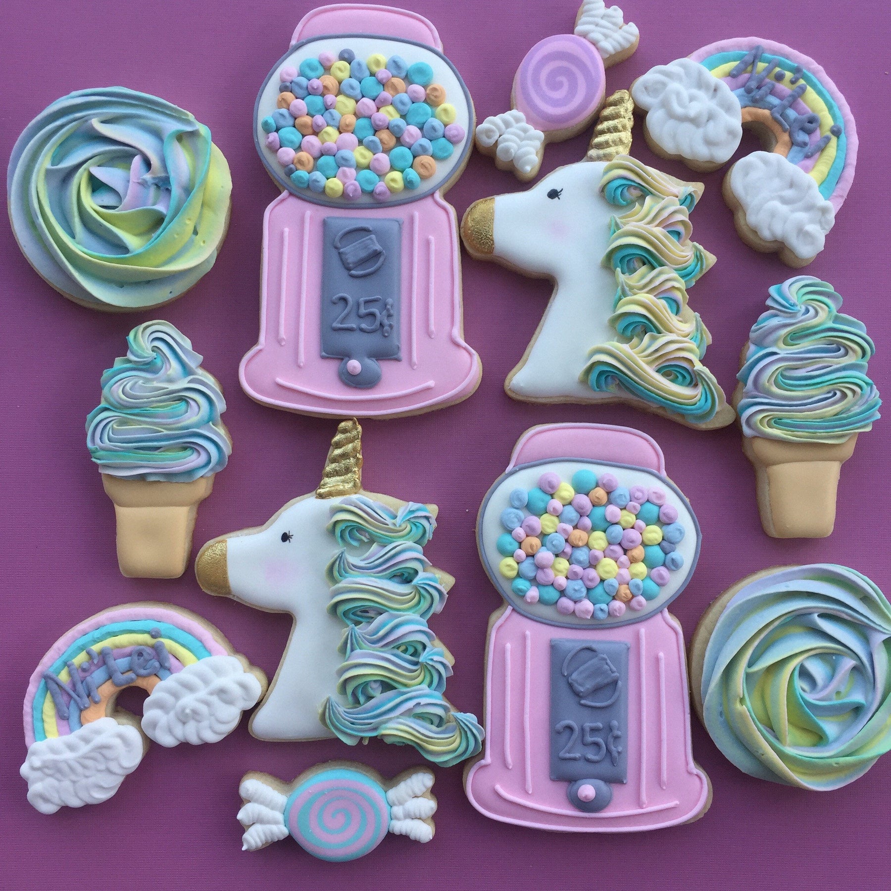 Unicorns, Rainbows, Gumball Machines, Ice Cream And Candy Birthday Party Sugar Cookies TheIcedSugarCookies.com Aujanes Sweets LLC