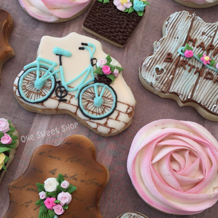 Vintage Bicycles, Flowers, Wooden Fences And Rosette Sugar Cookies TheIcedSugarCookie.com One Sweet Shop Cookies