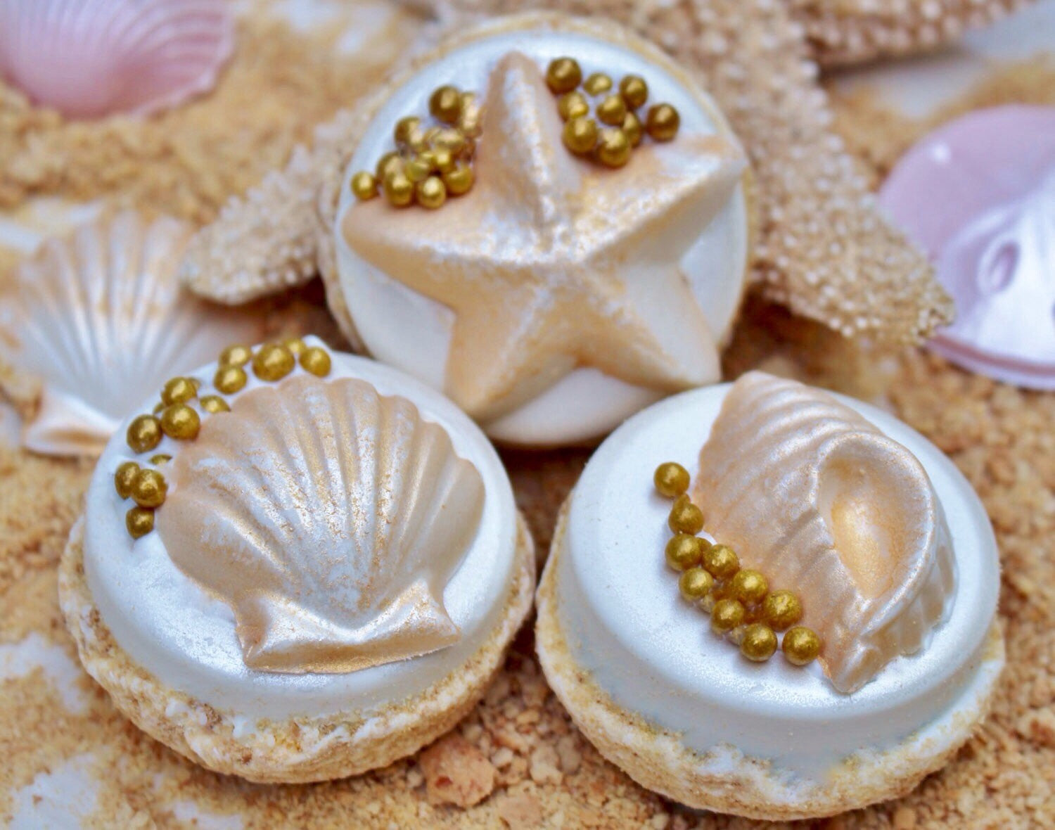 Luxurious Glam Beach Wedding Themed Cookies-Chocolate Covered Oreo Cookies With Gold Seashells. TheIcedSugarCookie.com Taylors Sweet Revenge Etsy Shop