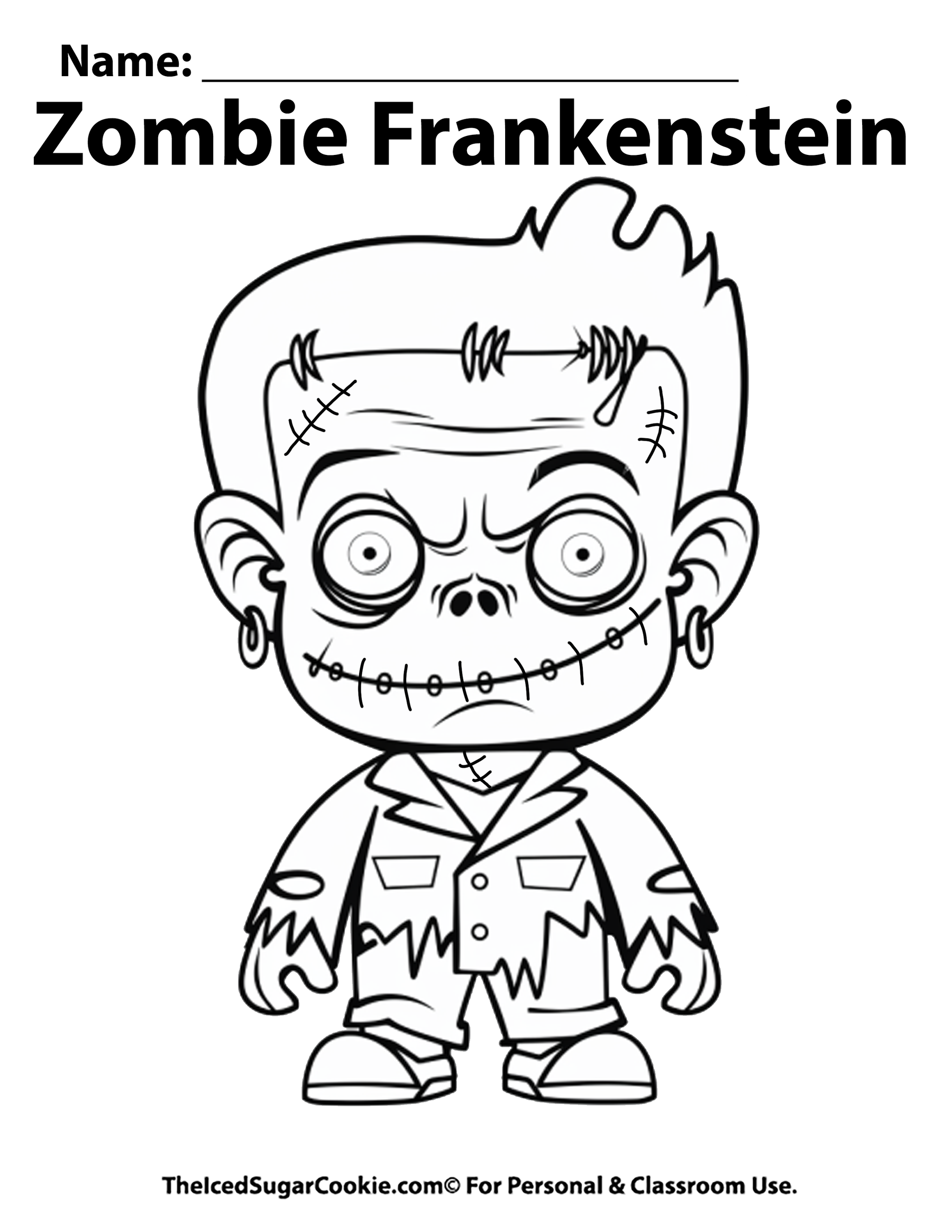 Zombie Frankenstein Halloween Free Coloring Page by TheIcedSugarCookie.com