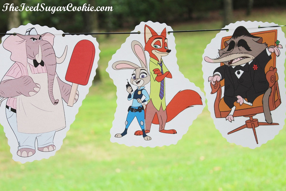 Zootopica Birthday Party Flag Hanging Banner DIY Idea | TheIcedSugarCookie.com | Free Printable Template