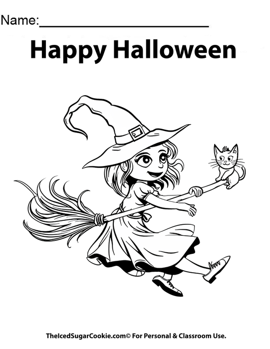 Happy Halloween With with broomstick and cat free coloring page by TheIcedSugarCookie.com