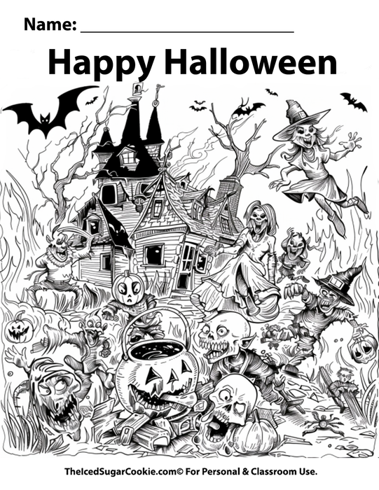 Happy Halloween Goblins & Monsters Coloring Page by TheIcedSugarCookie.com
