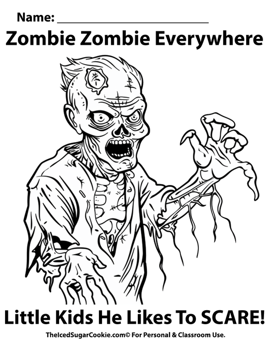 Zombie Zombie Everywhere, Little Kids He Like To Scare Halloween Coloring Page