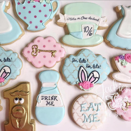 Alice In One-derland Birthday Party Iced Sugar Cookies Alice In Wonderland Mad Hatter on TheIcedSugarCookie.com created by @jackiessweetshapes #theicedsugarcookie #sugarcookies #cookies #aliceinwonderlandcookies #decoratedcookies #icedsugarcookies