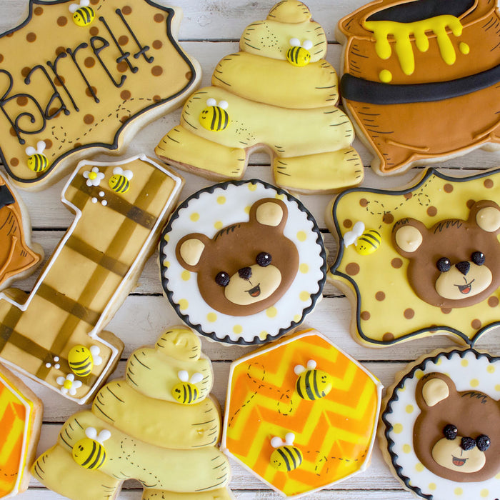 Bears And Bees Birthday Party Cookies -Double Chocolate, Gingerbread or Vanilla Bean TheIcedSugarCookie.com Bake Hard Bakery