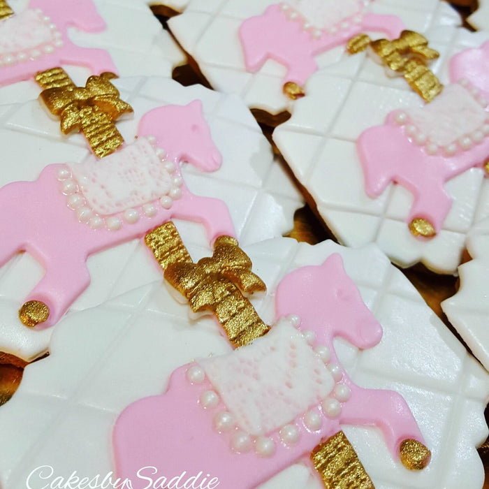 Pink And Gold Carousel Horse Birthday Party Sugar Cookies TheIcedSugarCookie.com Cakes By Saddie
