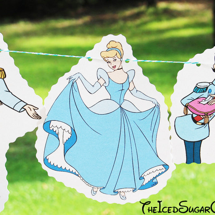 DIY Cinderella Birthday Party Banner Ideas- Disney Characters Prince Charming, Stepmother Lady Tremaine, Drizella, Anastasia, The Grand Duke, Gus, Jaq, Mary, Suzy, Perla, Lucifer Cat