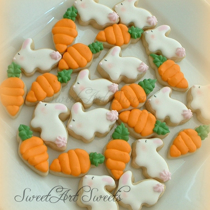 Easter Bunnies And Carrots Mini Sugar Cookies TheIcedSugarCookie.com Sweet Art Sweets