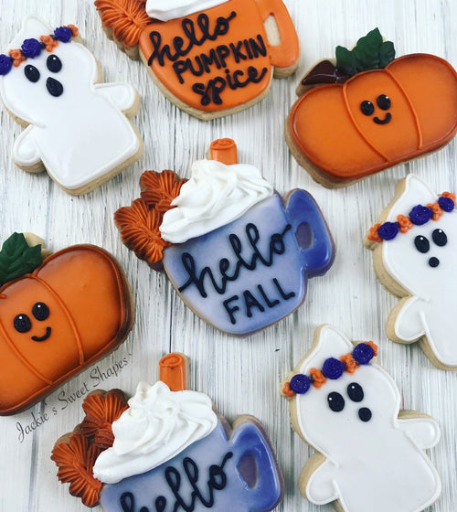 Pumpkin Spice Latte, Ghosts And Pickup Trucks With Pumpkins Iced Sugar Cookies created by @jackiessweetshapes featured on TheIcedSugarCookie.com #sugarcookies #halloweencookies #ghostcookies #pumpkincookies #pumpkinlattecookies #fallcookies
