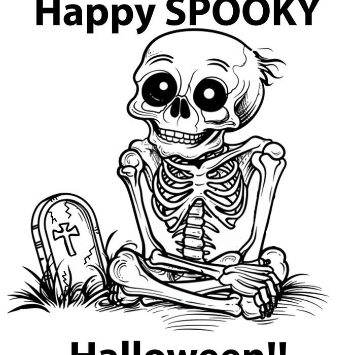 Happy Spooky Halloween Skeleton Tombstone Free Coloring Page by TheIcedSugarCookie.com