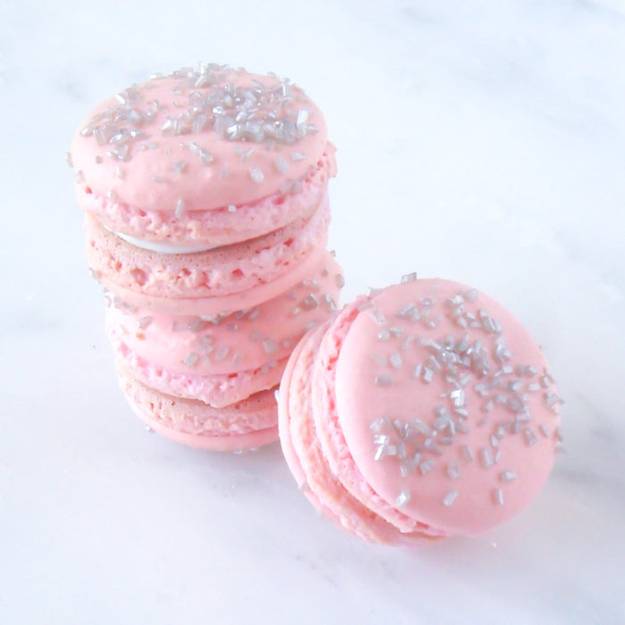 Pale Pink French Macarons Encrusted With Silver Sugar Crystals Filled With Madagascar Vanilla Ganache