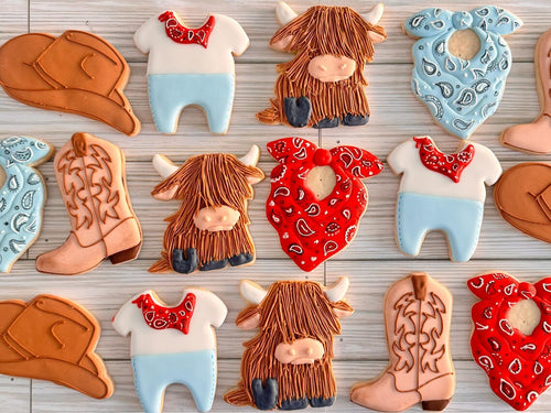 Yeehaw-Worthy Rodeo Cowboy Western Baby Shower Cookies by Sweet Spot Cookie Art featured on TheIcedSugarCookie.com