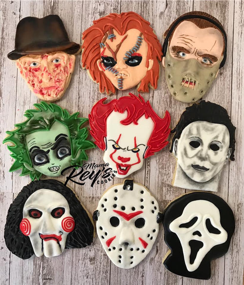 Scary Horror Movies Halloween Iced Sugar Cookies created by "Mama Rey's Cookies" featured on TheIcedSugarCookie.com | Freddy Krueger, Chucky, Hannibal Lecter, Beetlejuice, Pennywise IT, Michael Myers, Jigsaw, Jason Voorhees Friday 13, Scream