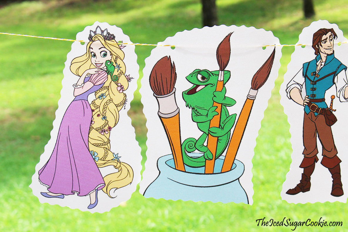 DIY Tangled Birthday Party Rapunzel Flag Hanging Banner Ideas- Pascal Lizard, Flynn Rider, Maximus Horse, Mother Gothel