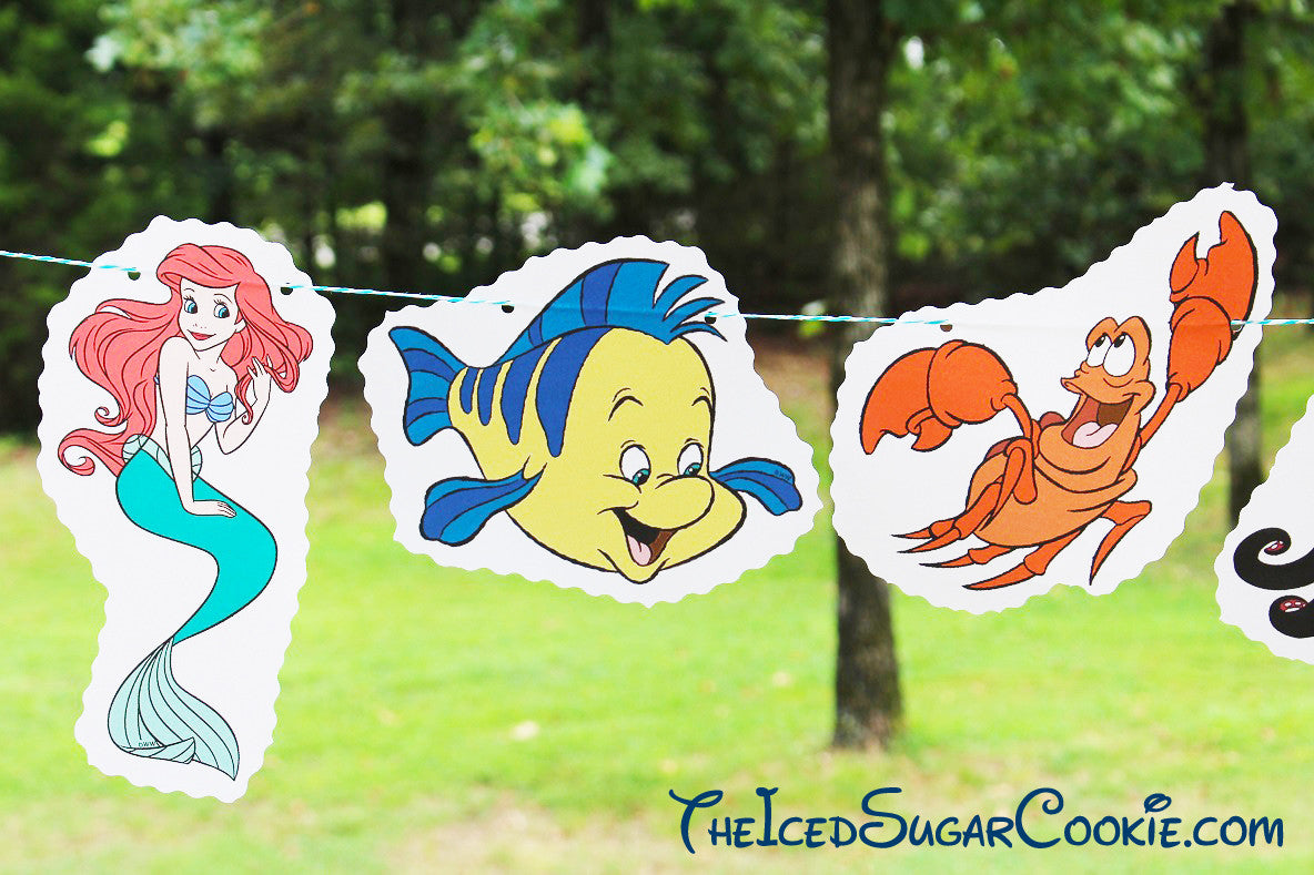 DIY The Little Mermaid Birthday Party Flag Hanging Banner Ideas- Ariel, Flounder, Sebastian, Ursula, King Triton