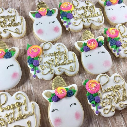 Unicorn "Happy Birthday" Iced Sugar Cookies by @ashlees_custom_creations_ featured on TheIcedSugarCookie.com #unicorncookies #unicornsugarcookies #cookies #decortedcookies #unicornparty #unicornbirthday #theicedsugarcookie