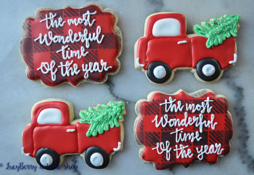 Holiday Truck Hauling Christmas Trees Decorated Iced Sugar Cookies featured on TheIcedSugarCookie.com Created by "LucyBerry A Bake Shop" #sugarcookies #christmascookies #decoratedchristmascookies #cookies #christmas #icedsugarcookies #theicedsugarcookie