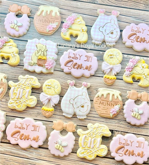 Winnie The Pooh Baby Shower Iced Sugar Cookies made by Lucianas Royal Cookies featured on TheIcedSugarCookie.com