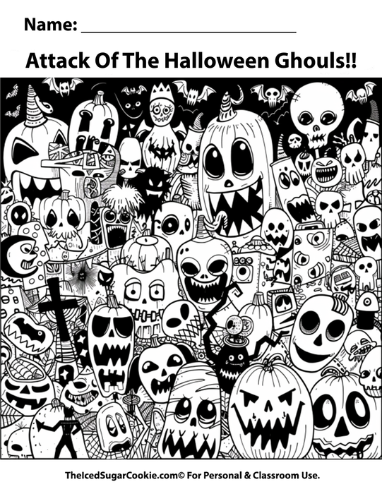 Attack Of The Halloween Ghouls Coloring Page by TheIcedSugarCookie.com Free printable