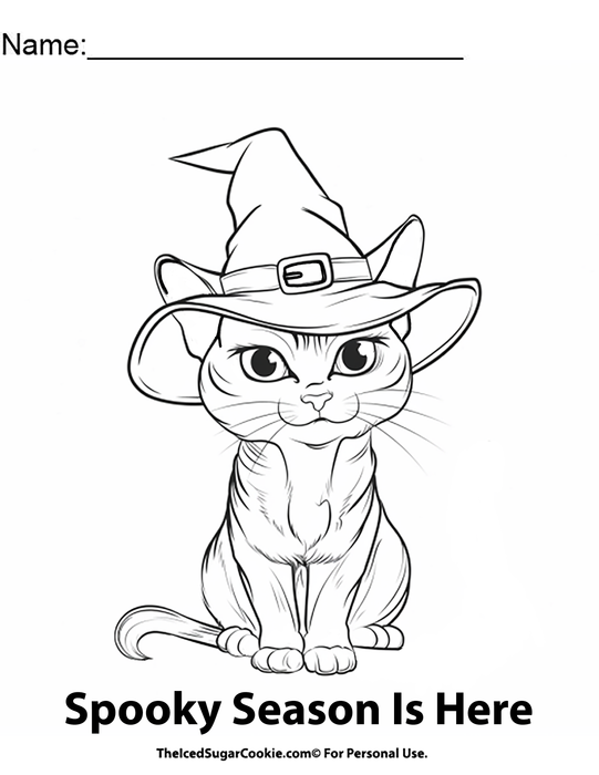 Halloween Cat wearing a Witch Hat Free Coloring Page by TheIcedSugarCookie.com