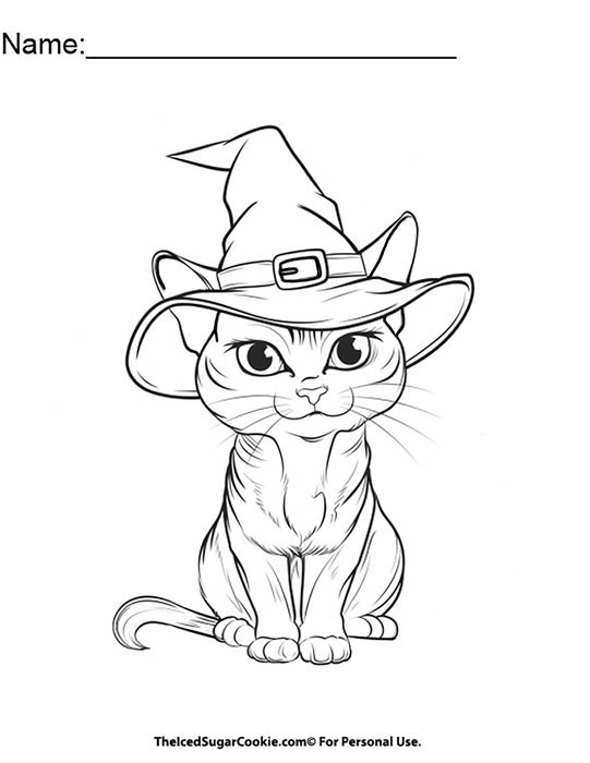 Halloween Cat wearing a Witch Hat Free Coloring Page by TheIcedSugarCookie.com