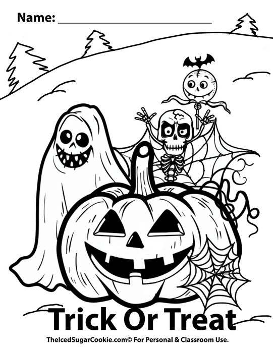 Halloween Fun Coloring Page with ghost, spider web, pumpkin jack o lantern, skeleton trick or treat by TheIcedSugarCookie.com. Free Halloween coloring page for kids.