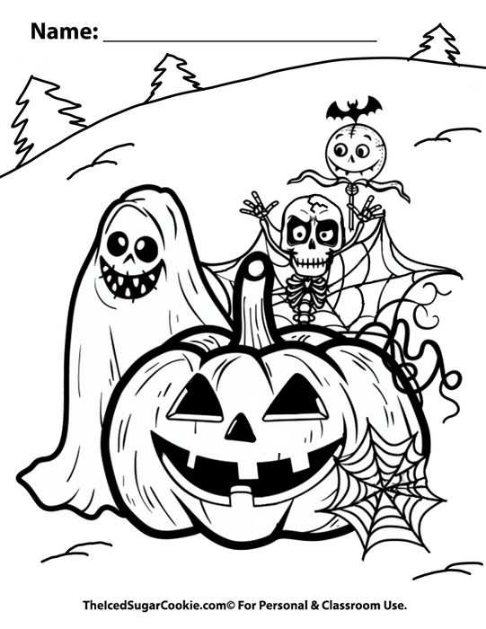 Halloween Fun Coloring Page with ghost, spider web, pumpkin jack o lantern, skeleton trick or treat by TheIcedSugarCookie.com. Free Halloween coloring page for kids.