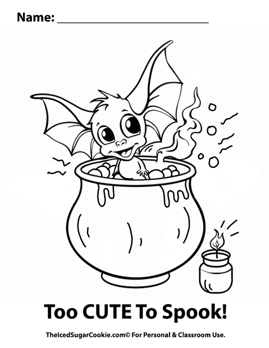 Halloween Gremlin Bat Too Cute To Spook Coloring Page free printable by TheIcedSugarCookie.com