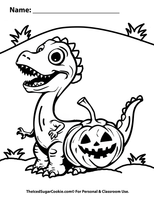 Halloween Is DINO-MITE Coloring Page Dinosaur Trick Or Treating Jack O Lantern Pumpkin Free printable by TheIcedSugarCookie.com