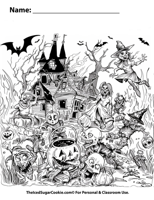 Happy Halloween Goblins &  Monsters Coloring Page by TheIcedSugarCookie.com